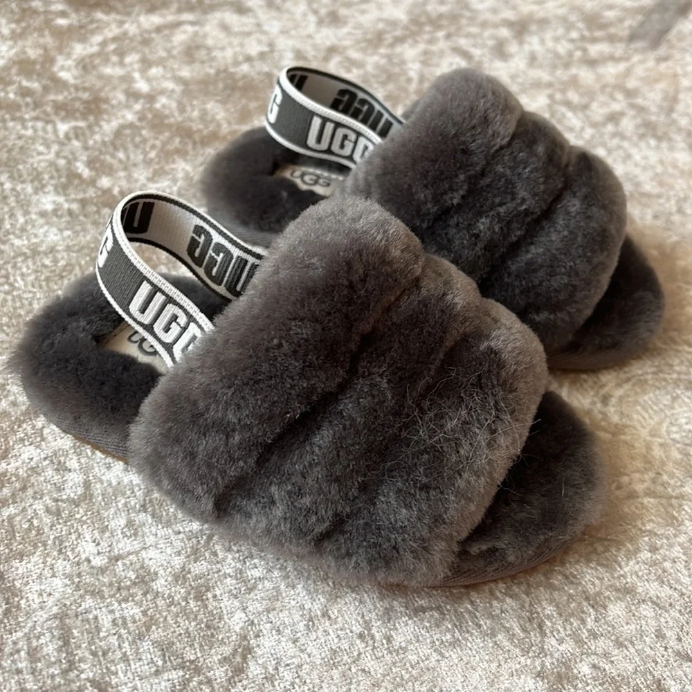 Brand New UGG Fluff Yeah Slides Baby & Toddler Gray Genuine Sheepskin Slipper